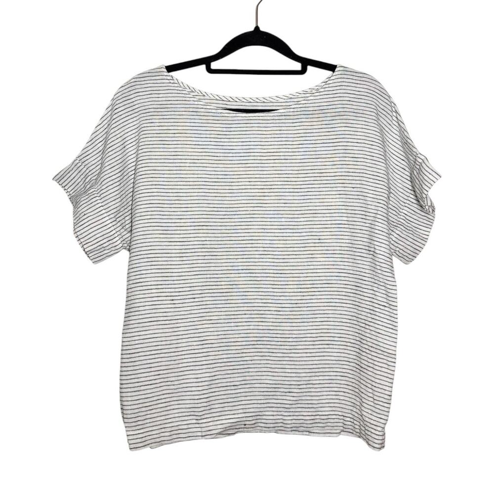 Off On Clothing Linen Coastal White Black Stripe Boat Neck Short Sleeve Top XS S